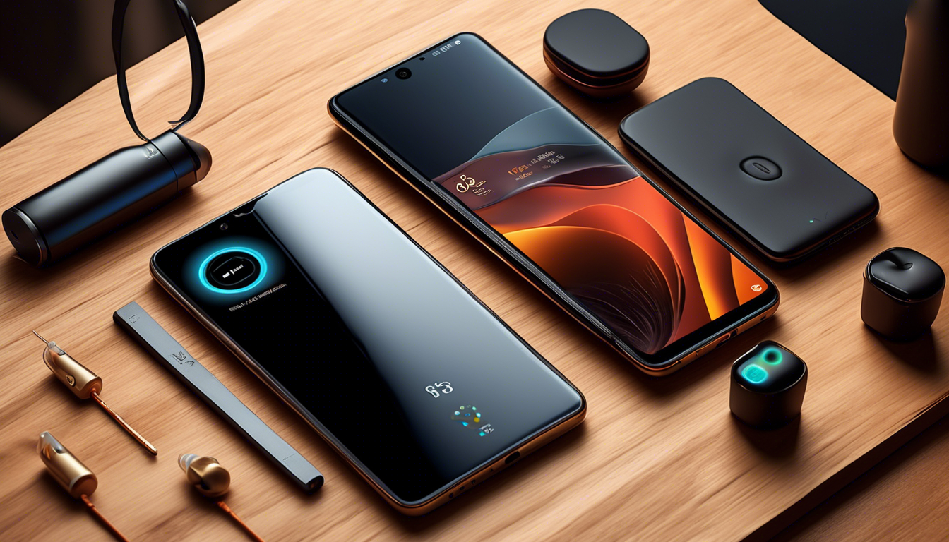 Художественное изображение смартфона Xiaomi 12S Ultra, расположенное на деревянном столе рядом с высокотехнологичными аксессуарами, такими как беспроводное зарядное устройство и пара стильных наушников.